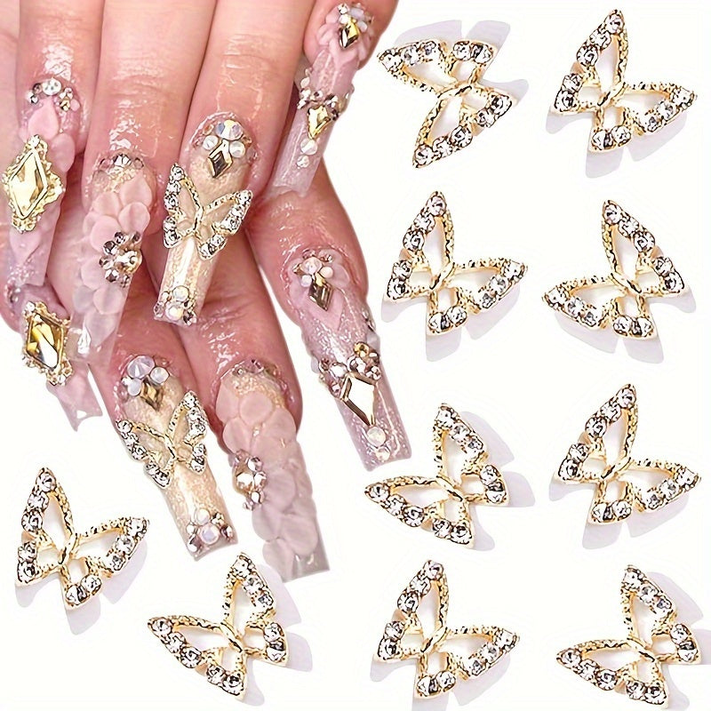 50pcs Elegant & Shiny 3D Butterfly Nail Charms, Golden Metallic Safe Formaldehyde-free Rhinestone Nail Art Decorations
